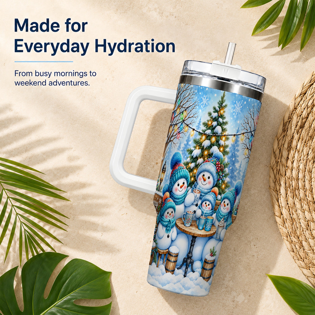 #pl[40oz|White] Snowman Family 40oz Tumbler with Handle, Christmas Stainless Steel Cup