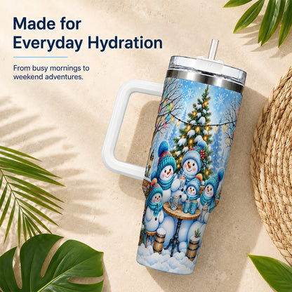 #pl[40oz|White] Snowman Family 40oz Tumbler with Handle, Christmas Stainless Steel Cup