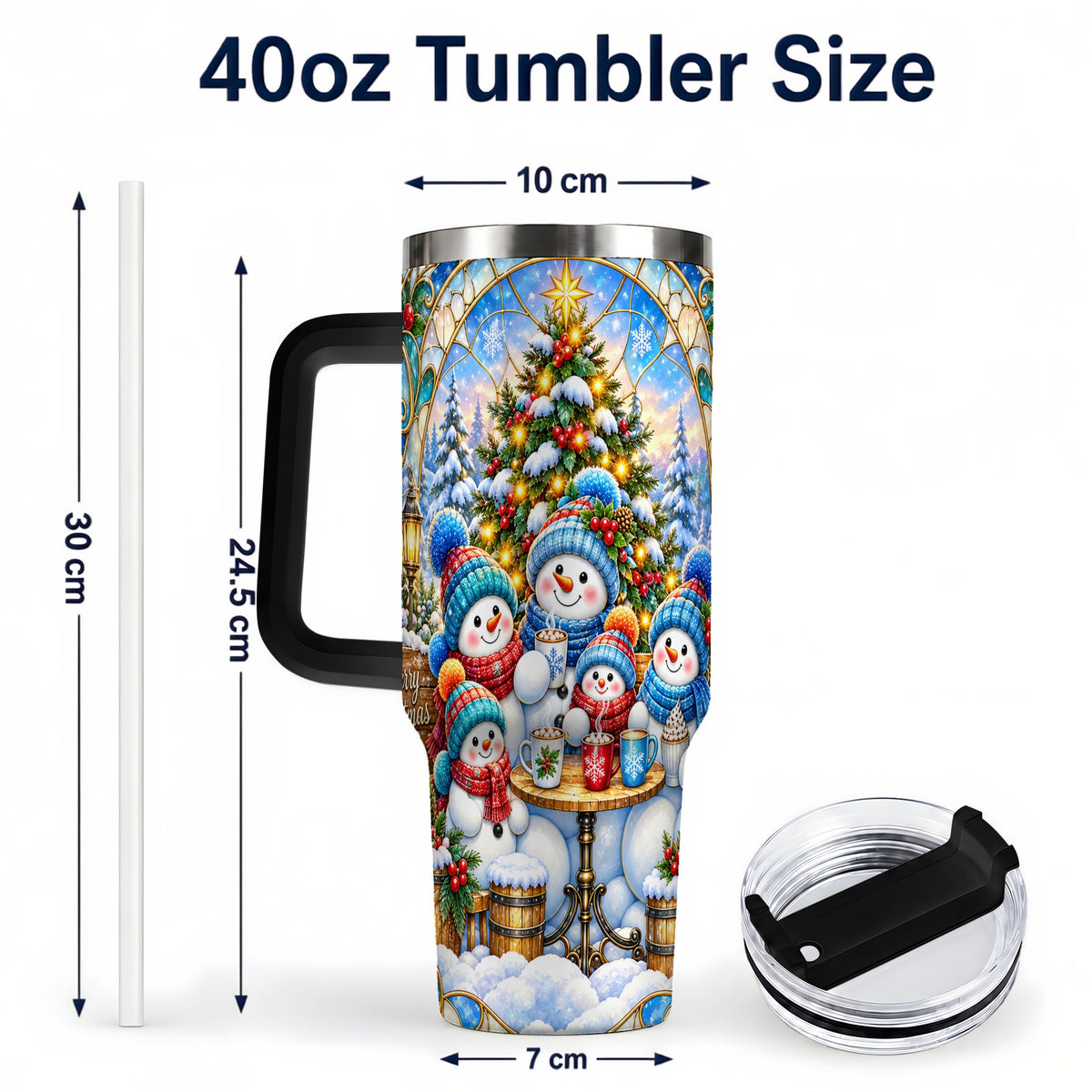 #pl[40oz|Black] Stained Glass Snowmen 40oz Tumbler with Handle, Christmas Travel Cup