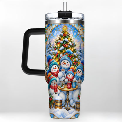 #pl[40oz|Black] Stained Glass Snowmen 40oz Tumbler with Handle, Christmas Travel Cup