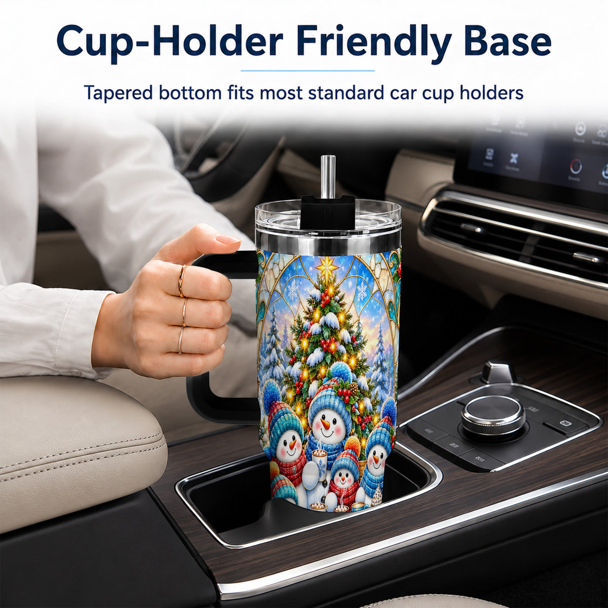 #pl[40oz|Black] Stained Glass Snowmen 40oz Tumbler with Handle, Christmas Travel Cup