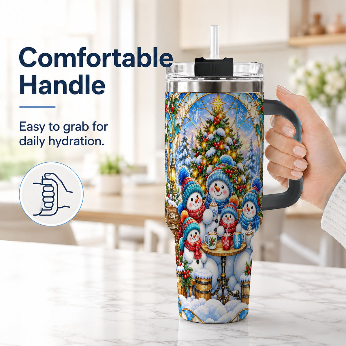 #pl[40oz|Black] Stained Glass Snowmen 40oz Tumbler with Handle, Christmas Travel Cup