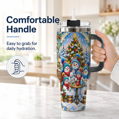#pl[40oz|Black] Stained Glass Snowmen 40oz Tumbler with Handle, Christmas Travel Cup
