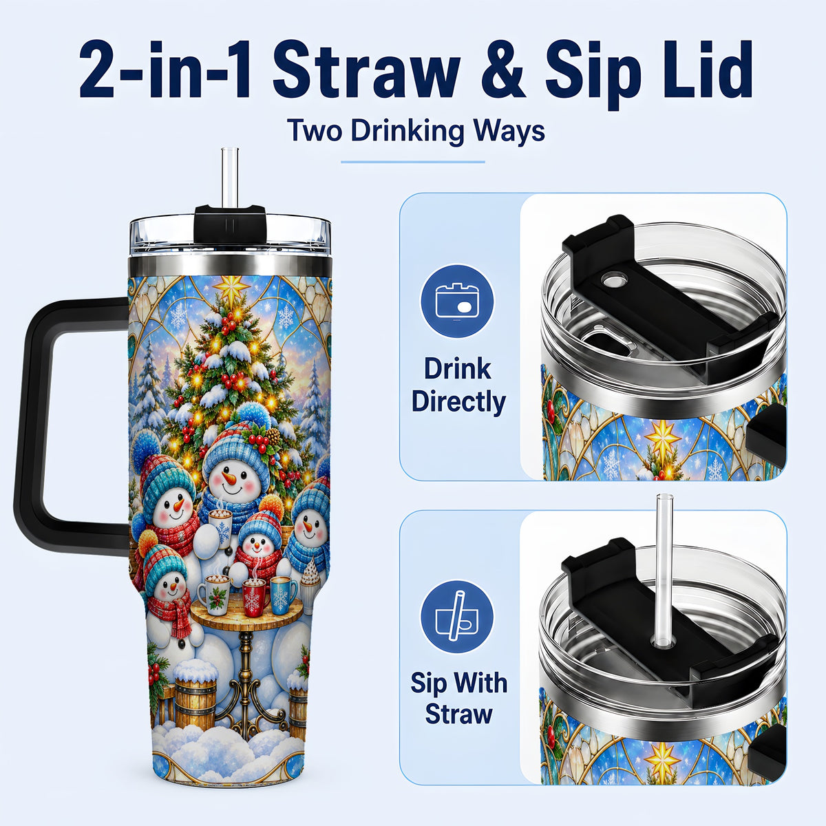 #pl[40oz|Black] Stained Glass Snowmen 40oz Tumbler with Handle, Christmas Travel Cup