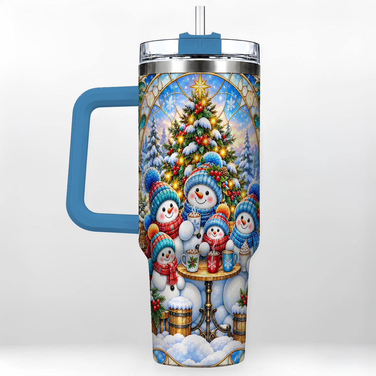 #pl[40oz|Blue] Stained Glass Snowmen 40oz Tumbler with Handle, Christmas Travel Cup