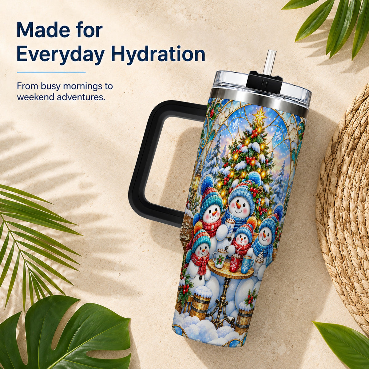 #pl[40oz|Black] Stained Glass Snowmen 40oz Tumbler with Handle, Christmas Travel Cup