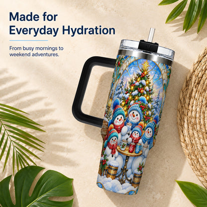 #pl[40oz|Black] Stained Glass Snowmen 40oz Tumbler with Handle, Christmas Travel Cup