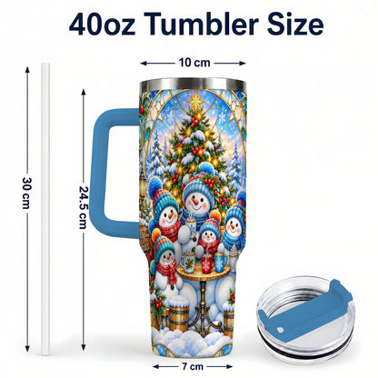 #pl[40oz|Blue] Stained Glass Snowmen 40oz Tumbler with Handle, Christmas Travel Cup