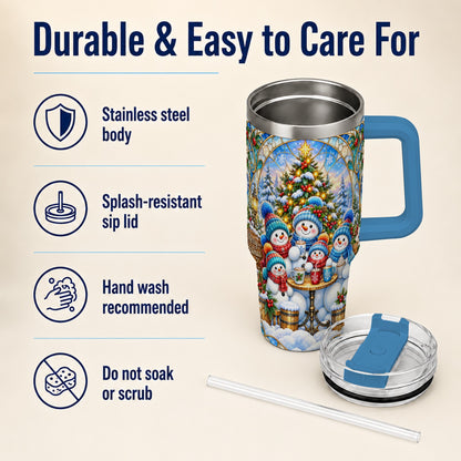 #pl[40oz|Blue] Stained Glass Snowmen 40oz Tumbler with Handle, Christmas Travel Cup