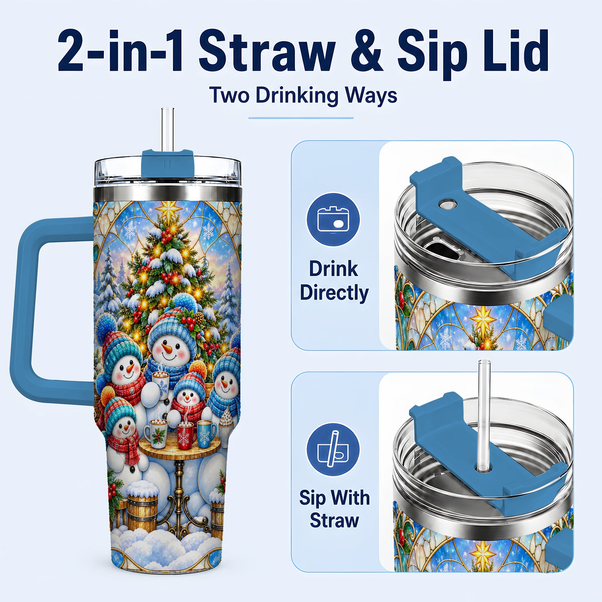 #pl[40oz|Blue] Stained Glass Snowmen 40oz Tumbler with Handle, Christmas Travel Cup