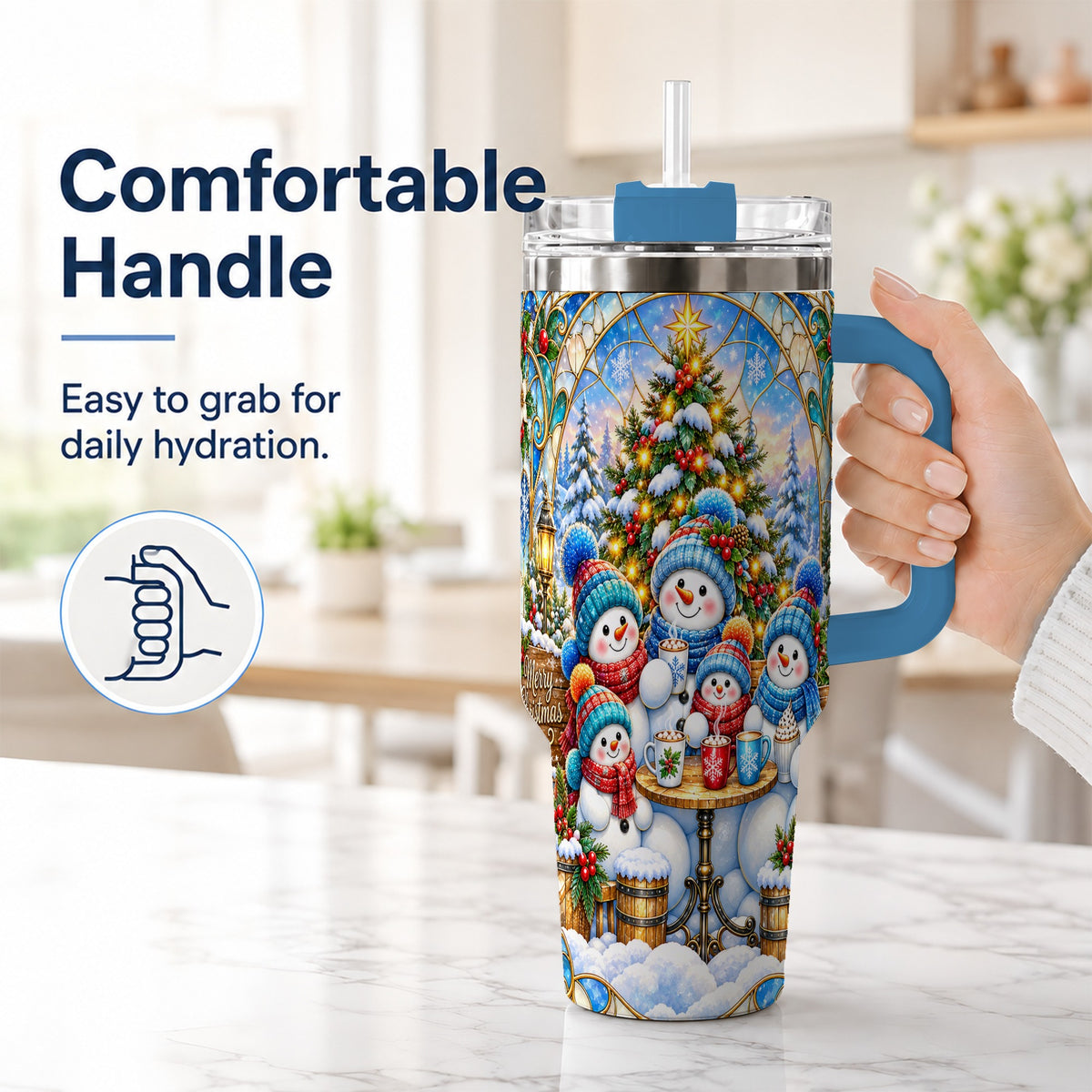 #pl[40oz|Blue] Stained Glass Snowmen 40oz Tumbler with Handle, Christmas Travel Cup