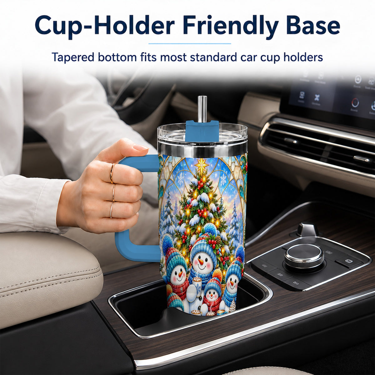 #pl[40oz|Blue] Stained Glass Snowmen 40oz Tumbler with Handle, Christmas Travel Cup