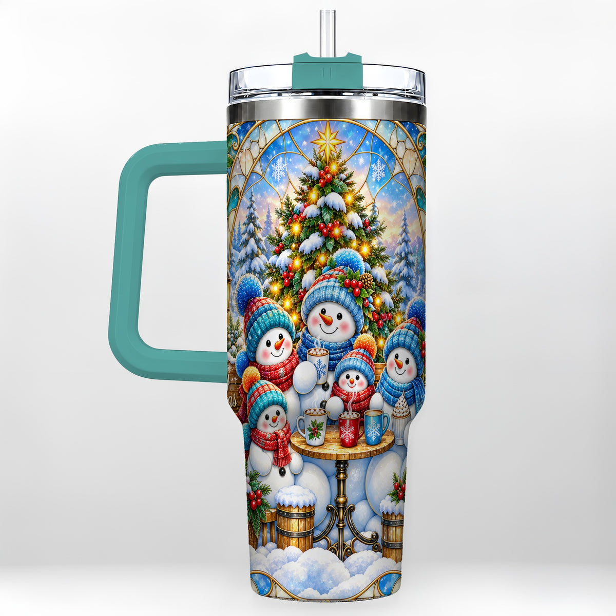 #pl[40oz|Green] Stained Glass Snowmen 40oz Tumbler with Handle, Christmas Travel Cup