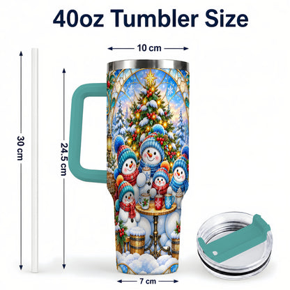 #pl[40oz|Green] Stained Glass Snowmen 40oz Tumbler with Handle, Christmas Travel Cup