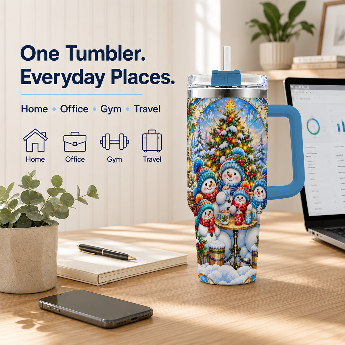 #pl[40oz|Blue] Stained Glass Snowmen 40oz Tumbler with Handle, Christmas Travel Cup