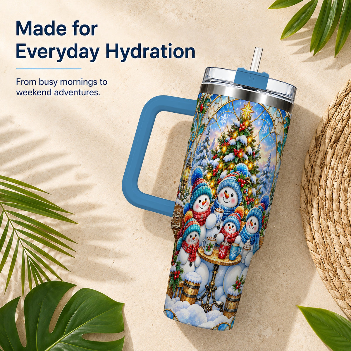 #pl[40oz|Blue] Stained Glass Snowmen 40oz Tumbler with Handle, Christmas Travel Cup