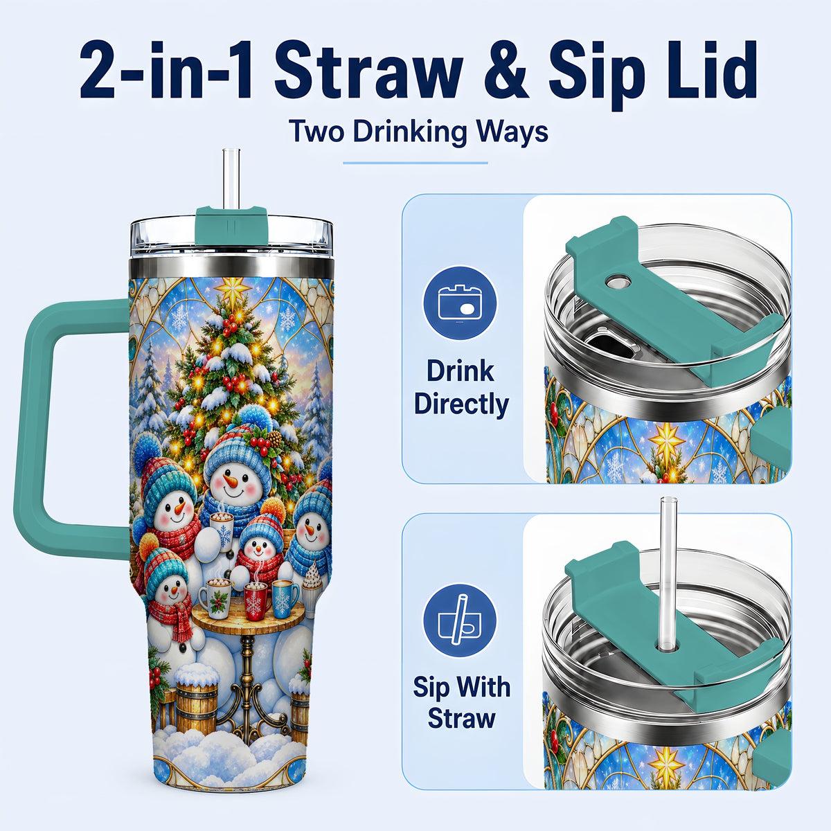#pl[40oz|Green] Stained Glass Snowmen 40oz Tumbler with Handle, Christmas Travel Cup