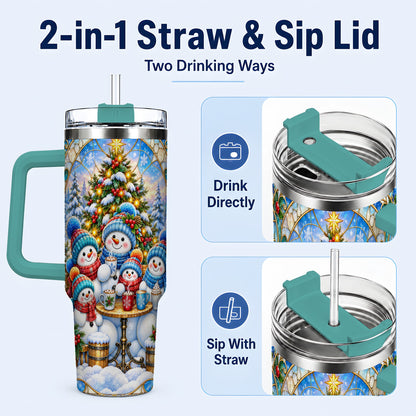 #pl[40oz|Green] Stained Glass Snowmen 40oz Tumbler with Handle, Christmas Travel Cup