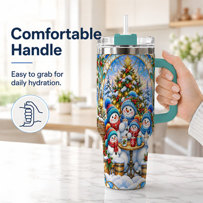 #pl[40oz|Green] Stained Glass Snowmen 40oz Tumbler with Handle, Christmas Travel Cup