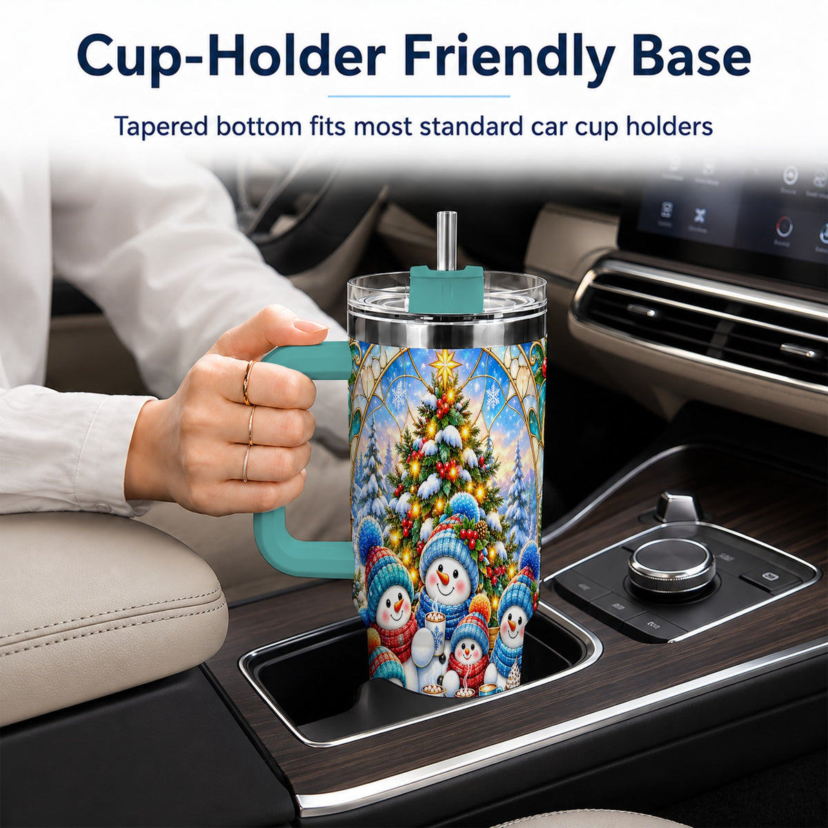 #pl[40oz|Green] Stained Glass Snowmen 40oz Tumbler with Handle, Christmas Travel Cup
