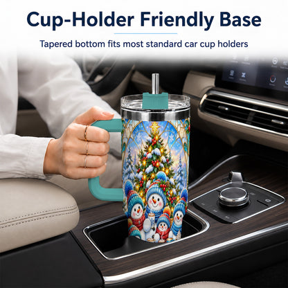 #pl[40oz|Green] Stained Glass Snowmen 40oz Tumbler with Handle, Christmas Travel Cup