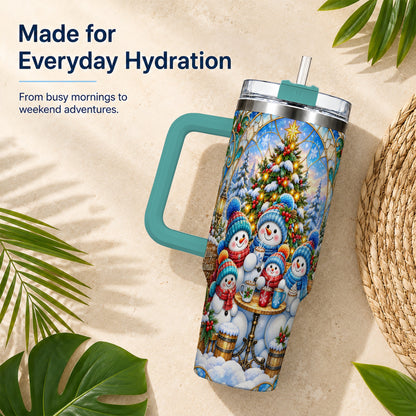#pl[40oz|Green] Stained Glass Snowmen 40oz Tumbler with Handle, Christmas Travel Cup