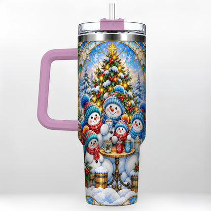 #pl[40oz|Pink] Stained Glass Snowmen 40oz Tumbler with Handle, Christmas Travel Cup
