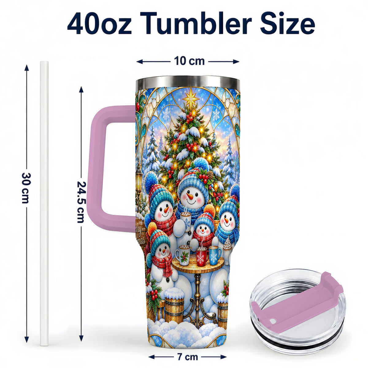 #pl[40oz|Pink] Stained Glass Snowmen 40oz Tumbler with Handle, Christmas Travel Cup