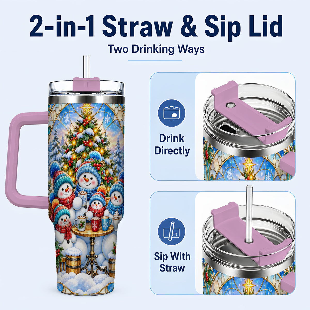 #pl[40oz|Pink] Stained Glass Snowmen 40oz Tumbler with Handle, Christmas Travel Cup
