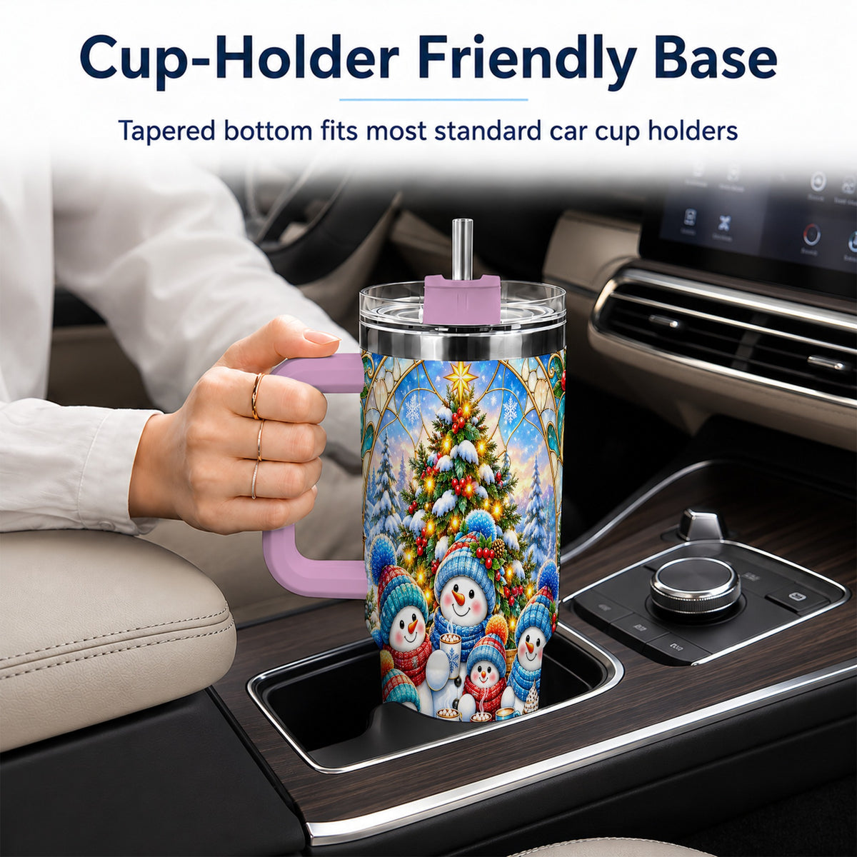 #pl[40oz|Pink] Stained Glass Snowmen 40oz Tumbler with Handle, Christmas Travel Cup