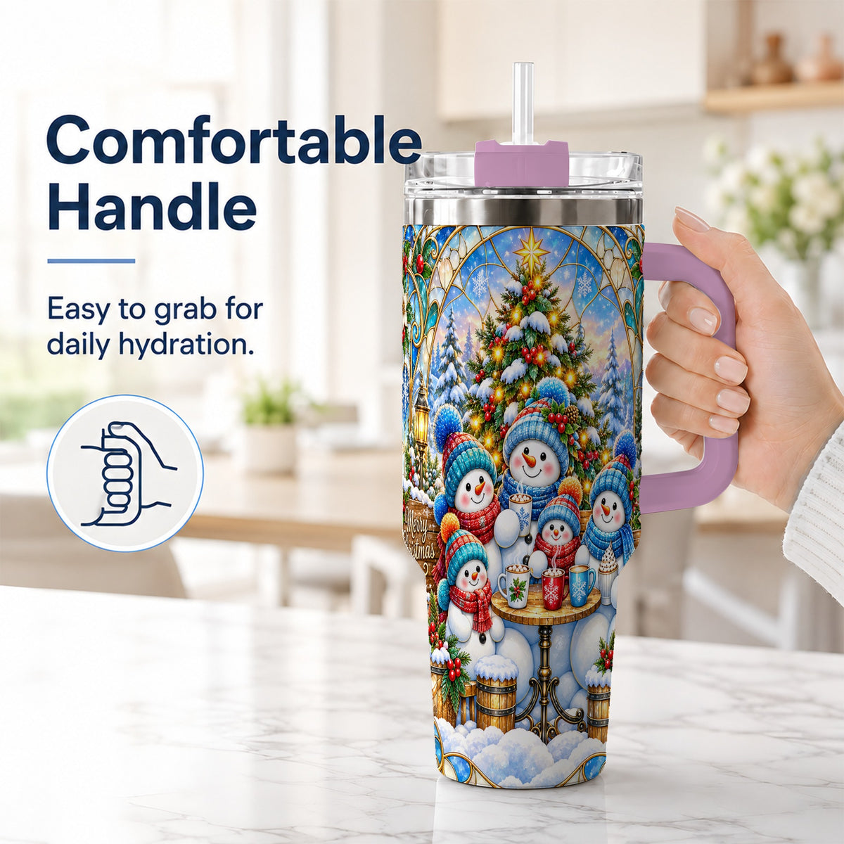 #pl[40oz|Pink] Stained Glass Snowmen 40oz Tumbler with Handle, Christmas Travel Cup