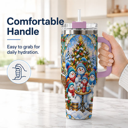 #pl[40oz|Pink] Stained Glass Snowmen 40oz Tumbler with Handle, Christmas Travel Cup