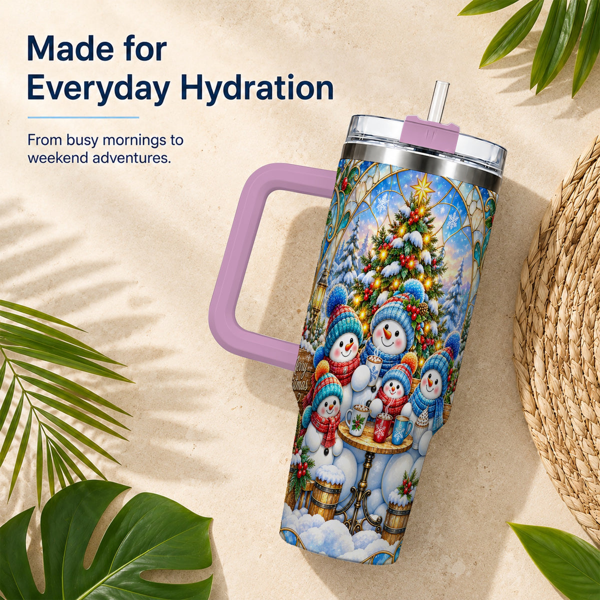 #pl[40oz|Pink] Stained Glass Snowmen 40oz Tumbler with Handle, Christmas Travel Cup