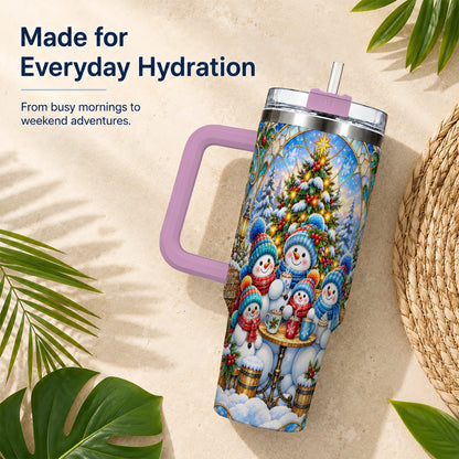 #pl[40oz|Pink] Stained Glass Snowmen 40oz Tumbler with Handle, Christmas Travel Cup