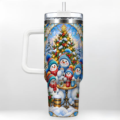 Stained Glass Snowmen 40oz Tumbler with Handle, Christmas Travel Cup