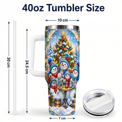 #pl[40oz|White] Stained Glass Snowmen 40oz Tumbler with Handle, Christmas Travel Cup