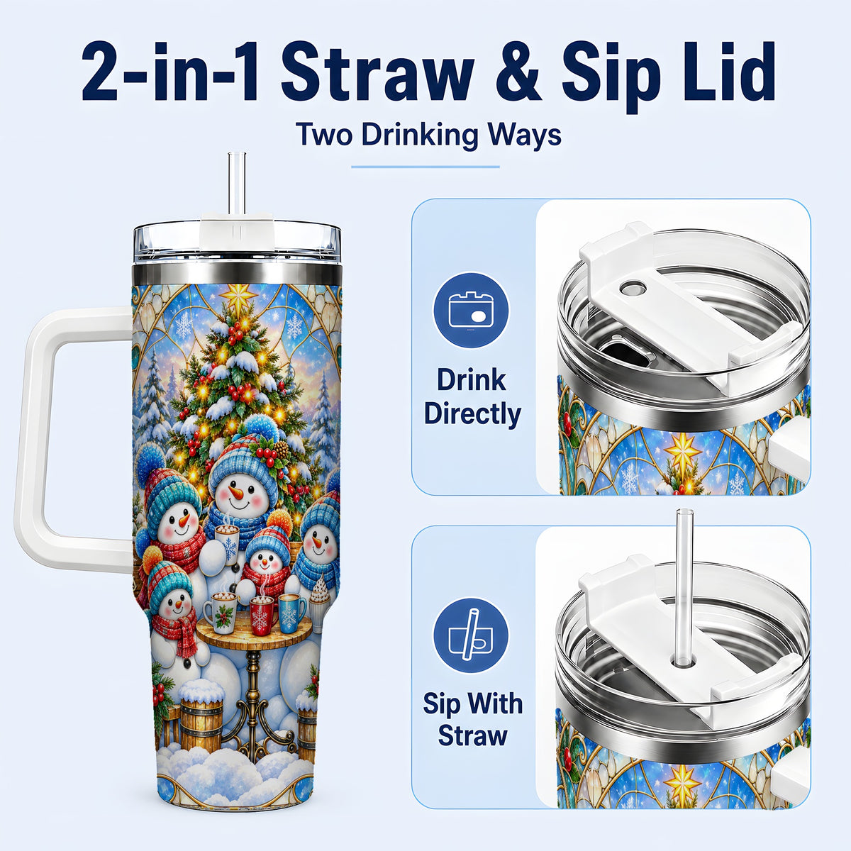 #pl[40oz|White] Stained Glass Snowmen 40oz Tumbler with Handle, Christmas Travel Cup