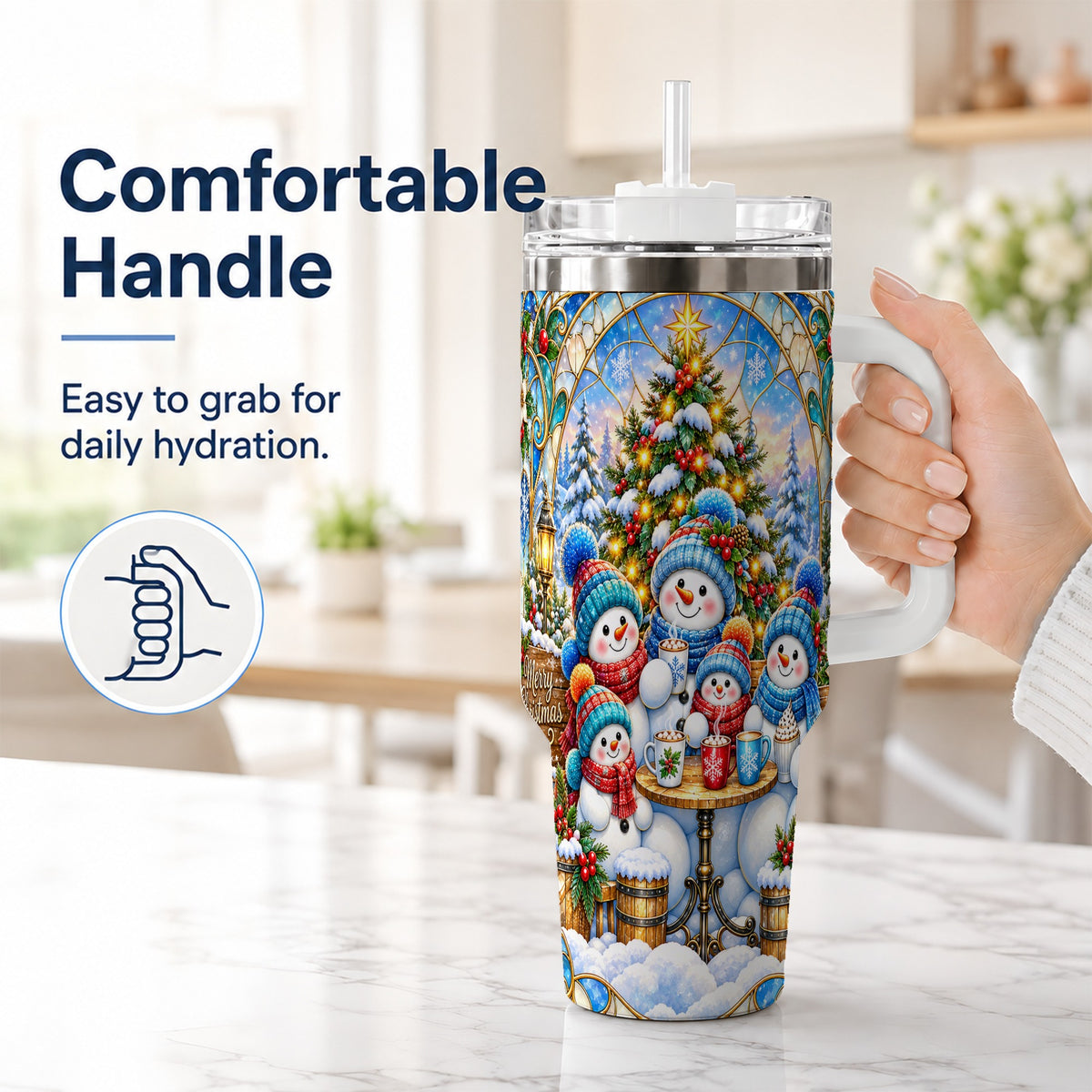 #pl[40oz|White] Stained Glass Snowmen 40oz Tumbler with Handle, Christmas Travel Cup