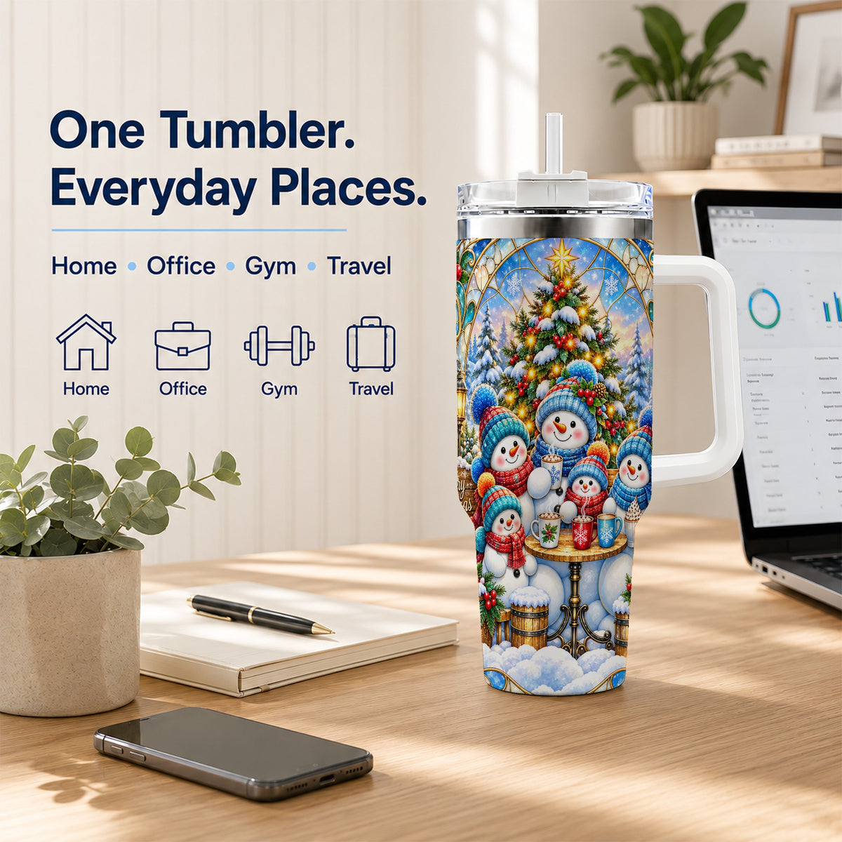 #pl[40oz|White] Stained Glass Snowmen 40oz Tumbler with Handle, Christmas Travel Cup