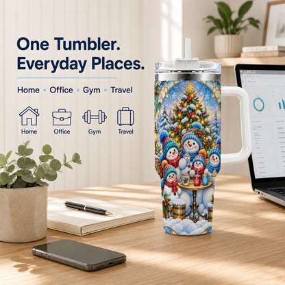 #pl[40oz|White] Stained Glass Snowmen 40oz Tumbler with Handle, Christmas Travel Cup