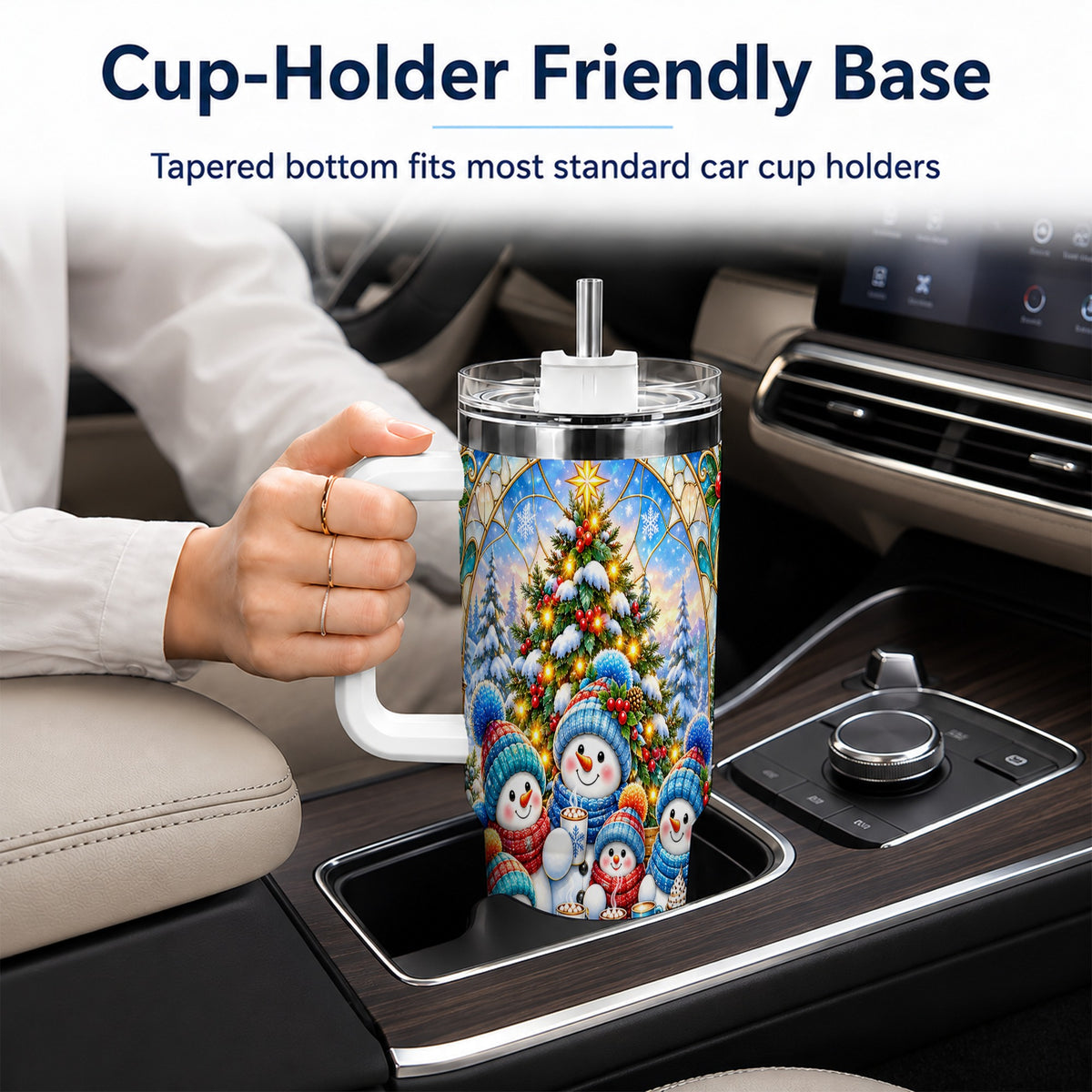 #pl[40oz|White] Stained Glass Snowmen 40oz Tumbler with Handle, Christmas Travel Cup