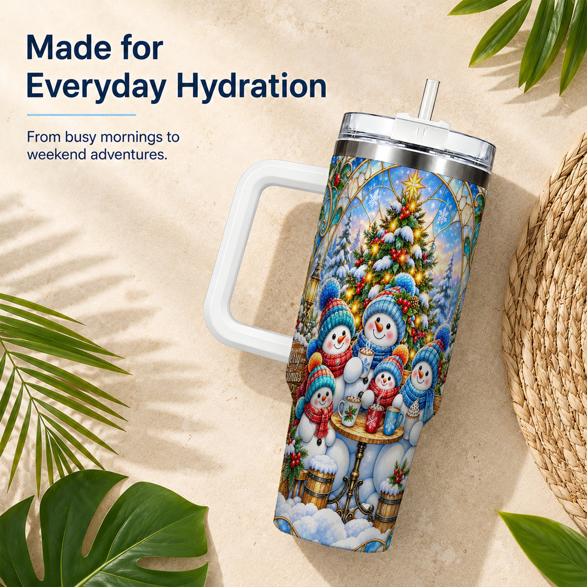 #pl[40oz|White] Stained Glass Snowmen 40oz Tumbler with Handle, Christmas Travel Cup