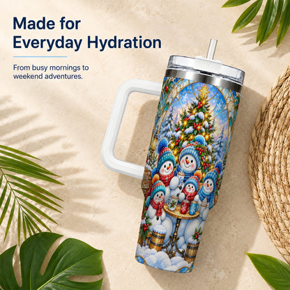 #pl[40oz|White] Stained Glass Snowmen 40oz Tumbler with Handle, Christmas Travel Cup