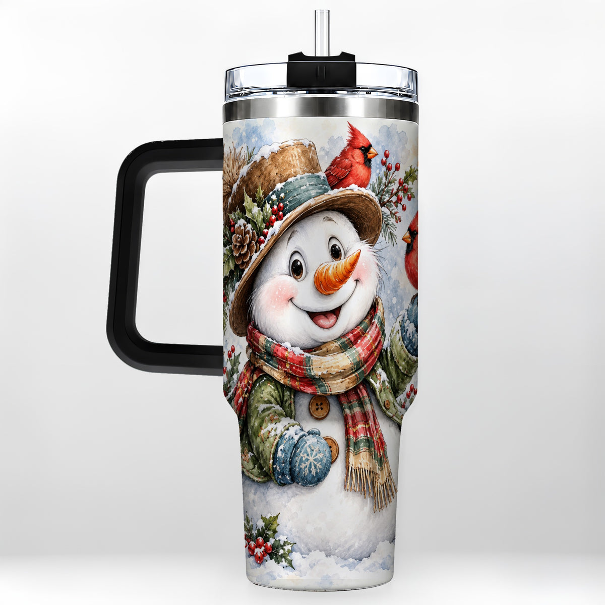 #pl[40oz|Black] Cardinal Snowman 40oz Tumbler with Handle, Rustic Winter Travel Cup