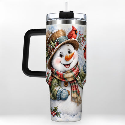 #pl[40oz|Black] Cardinal Snowman 40oz Tumbler with Handle, Rustic Winter Travel Cup