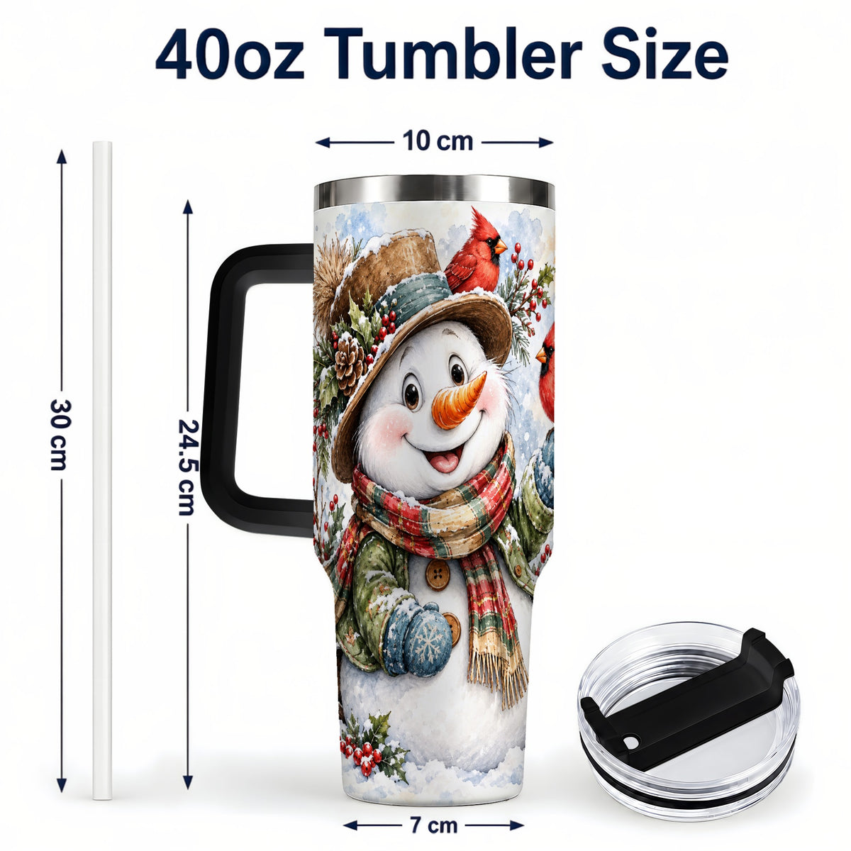 #pl[40oz|Black] Cardinal Snowman 40oz Tumbler with Handle, Rustic Winter Travel Cup