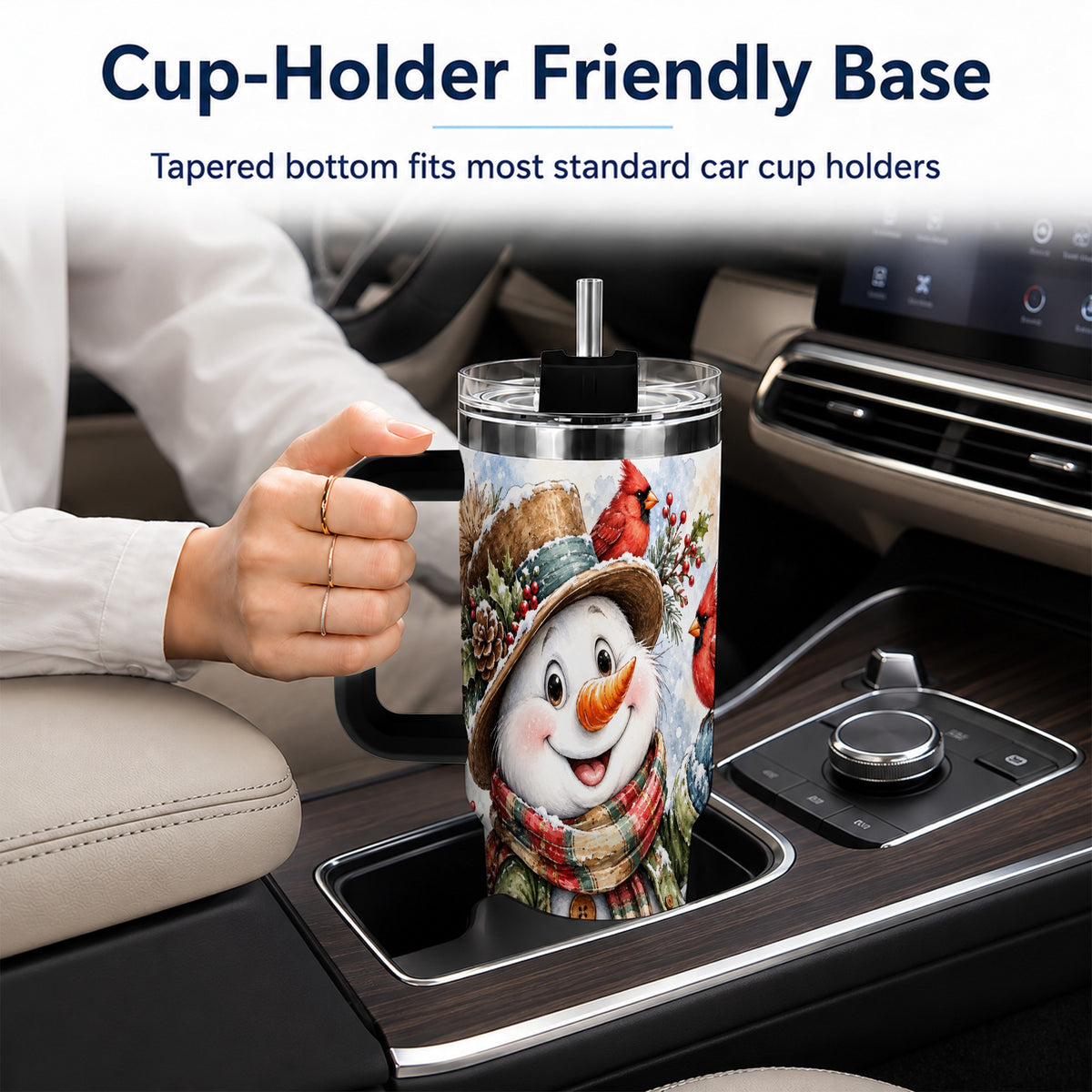 #pl[40oz|Black] Cardinal Snowman 40oz Tumbler with Handle, Rustic Winter Travel Cup