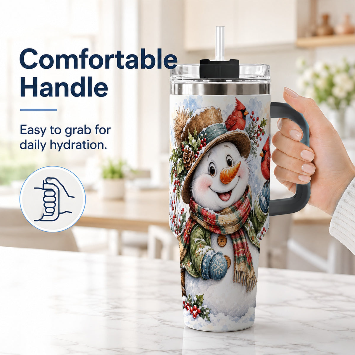 #pl[40oz|Black] Cardinal Snowman 40oz Tumbler with Handle, Rustic Winter Travel Cup