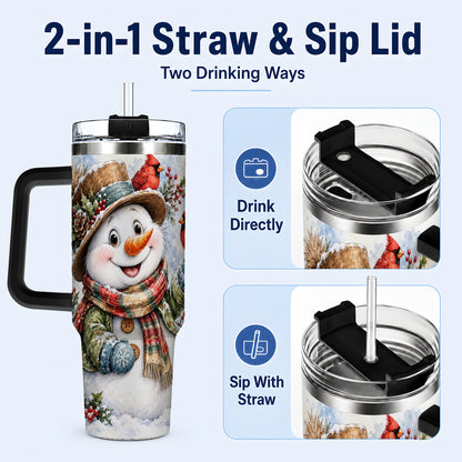 #pl[40oz|Black] Cardinal Snowman 40oz Tumbler with Handle, Rustic Winter Travel Cup