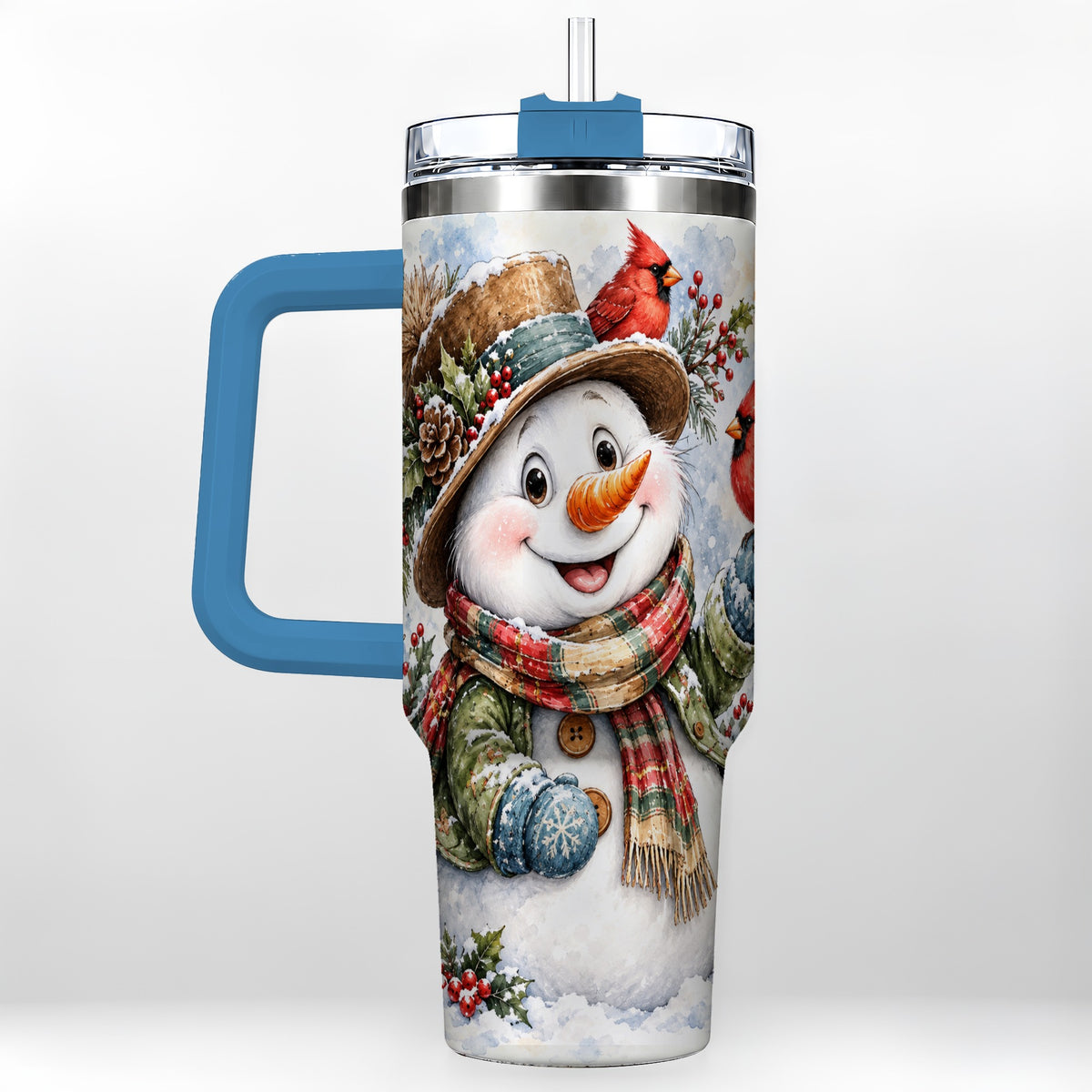 #pl[40oz|Blue] Cardinal Snowman 40oz Tumbler with Handle, Rustic Winter Travel Cup